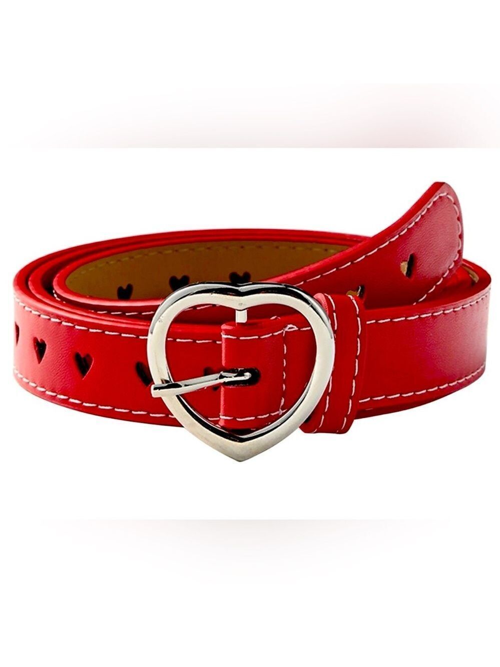 Fashion Belt Red Faux Leather Heart Buckle Heart Cutout Belt